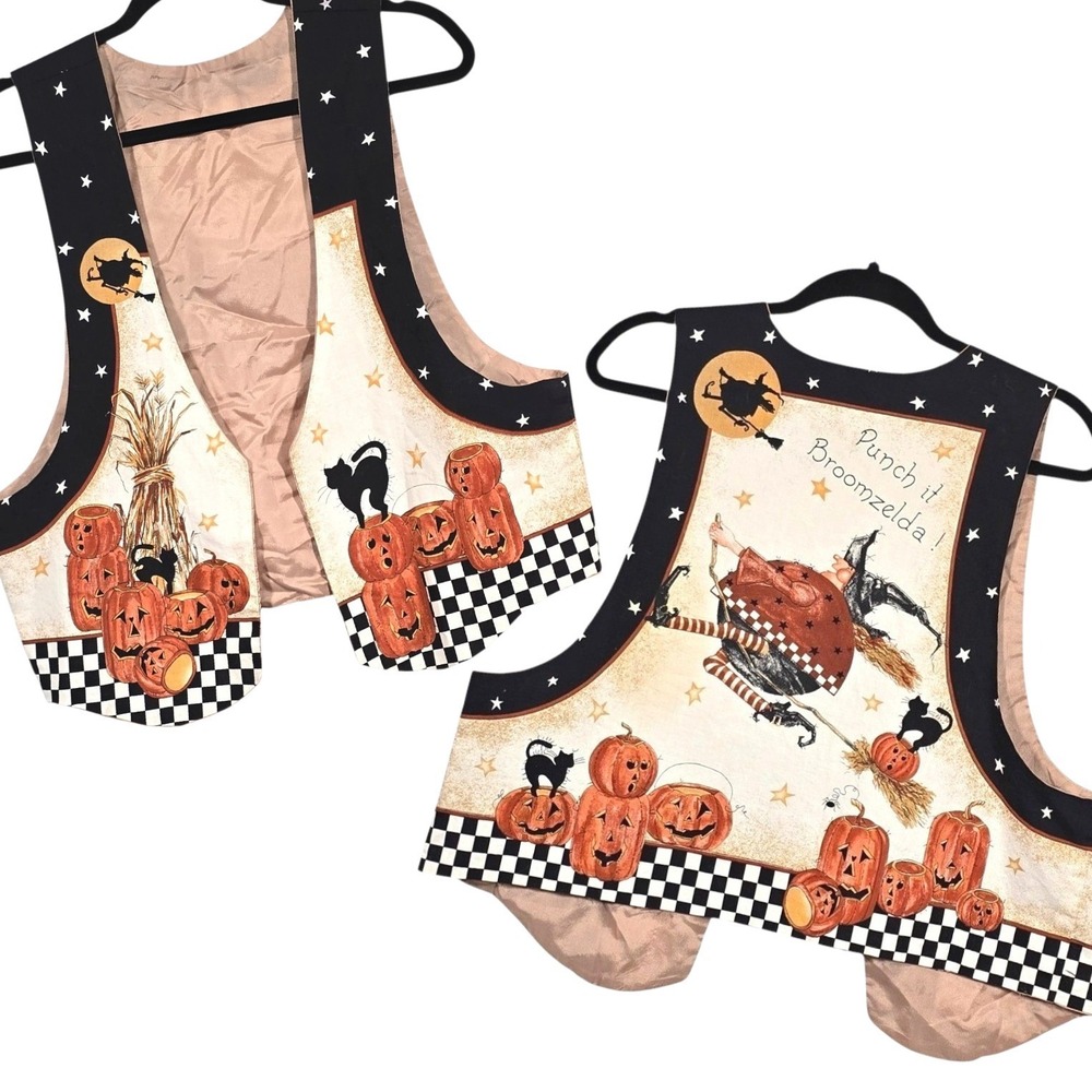 Halloween Patchwork Vest Women L  Pumpkin Witch Stars Retro Whimsy Cat Handmade